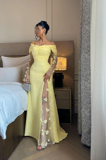 Niulatu Off-the-shoulder Sheath Yellow Long Prom Dresses Chiffon Lace Evening Dresses Butter Yellow Wedding Guest Dresses HZ1026